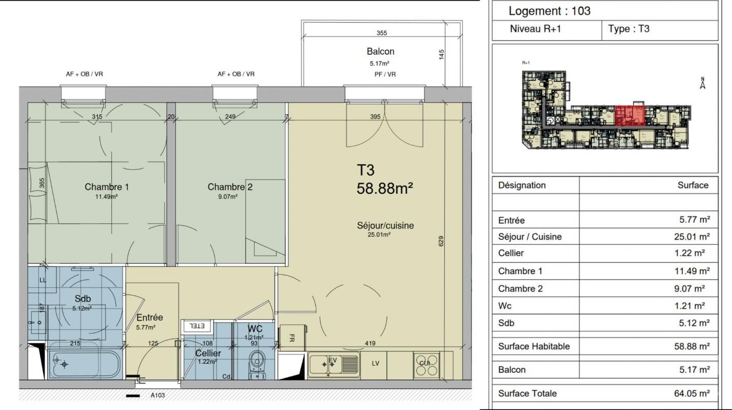 BETHUNE Appartement Béthune 3 pièce(s) 58.88 m2 avec balcon et parking 2