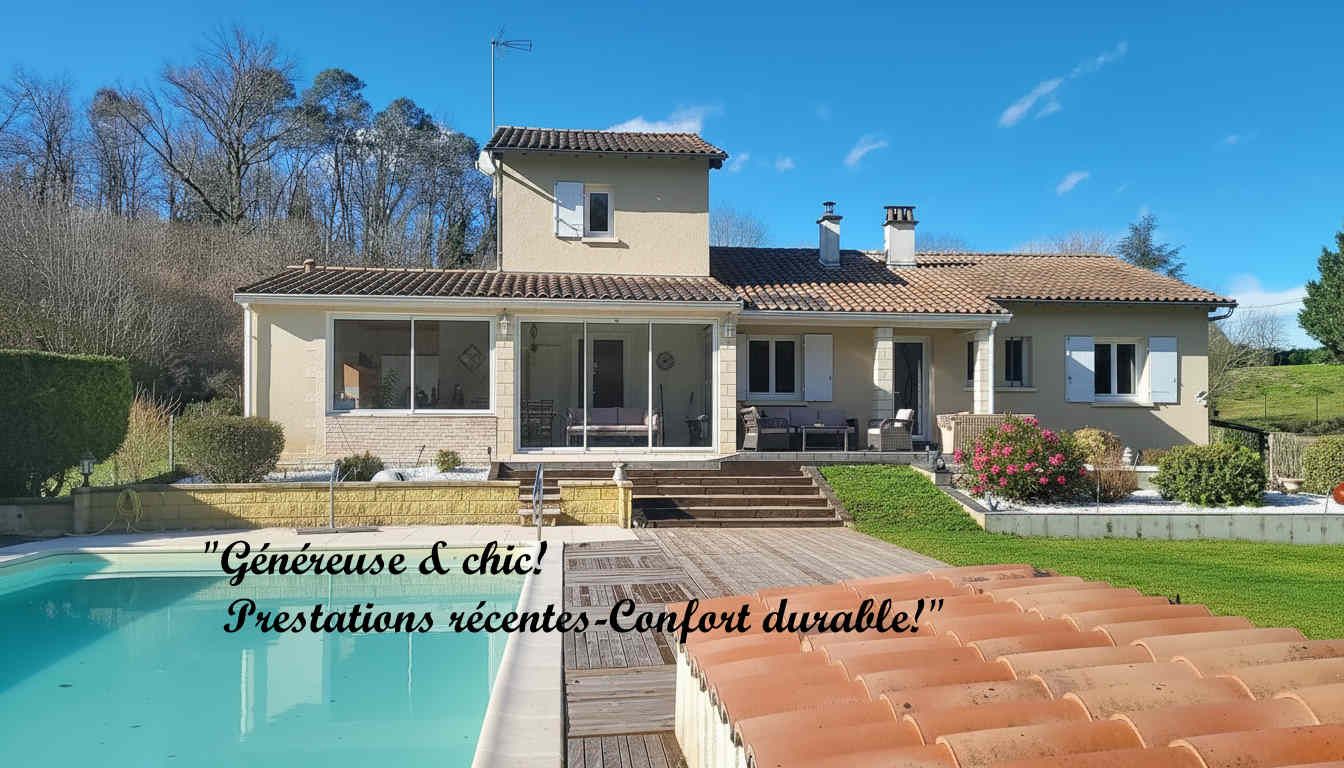 Maison chaleureuse et facile à vivre, rénovée, avec 5 chambres. 2 salles d 'eau.2 wc. Sous-sol. 2 cuisines. Garage. Piscine 11 X 6M. 2 Terrasses. Jardin clos de 2678 m2