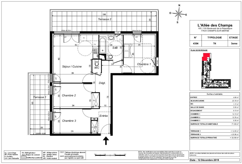 Appartement T4 Attique terrasse 71m2 77420 CHAMPS SUR MARNE