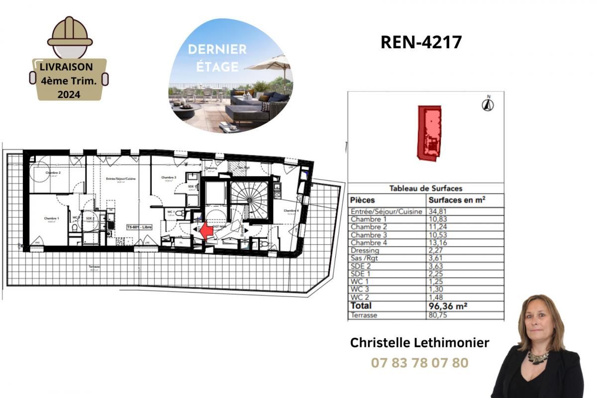 RENNES Appartement Rennes 5 pièces - 96.36 m² - Quartier Sainte Thérèse - Dernier étage - Grande terrasse 2