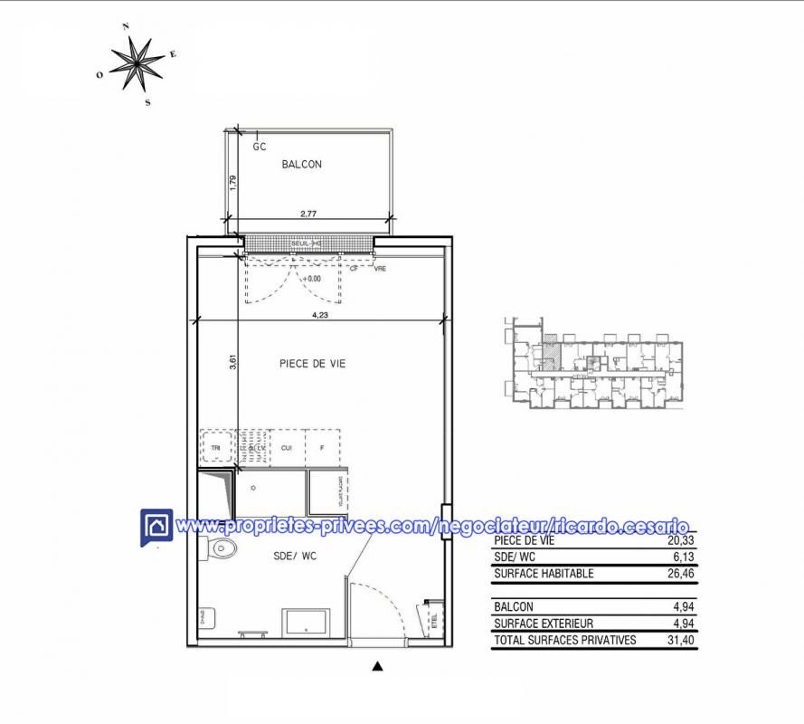 Appartement Quimper 1 pièce(s) 26.46 m2