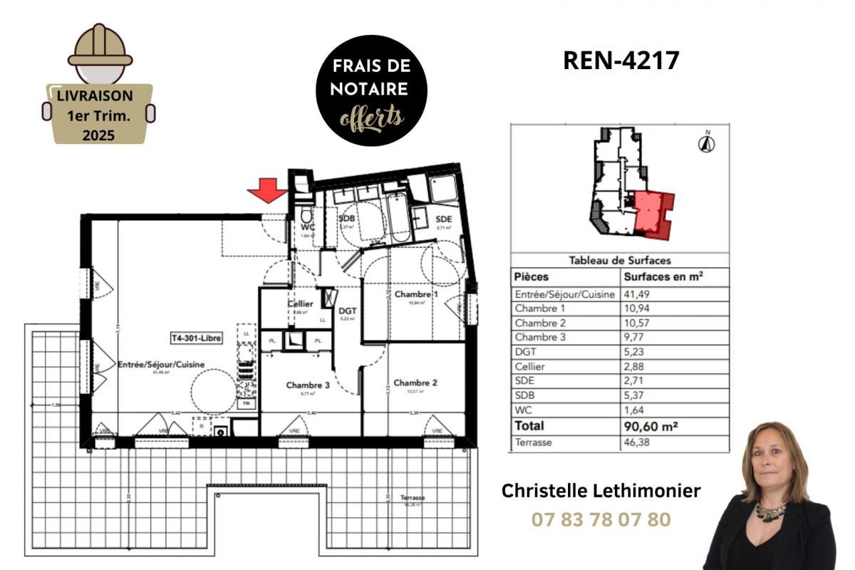 RENNES Appartement Rennes 4 pièces - 90.60 m² + Terrasse de 46,38m² - Quartier Sainte Thérèse 2