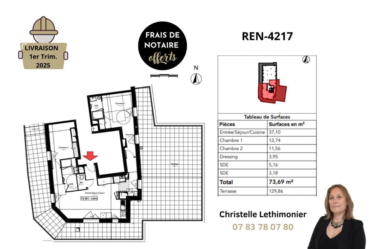 RENNES Appartement ATYPIQUE - Rennes 3 pièces - 73,69m² + Terrasse de 129 m² - Quartier Sainte Thérèse 2