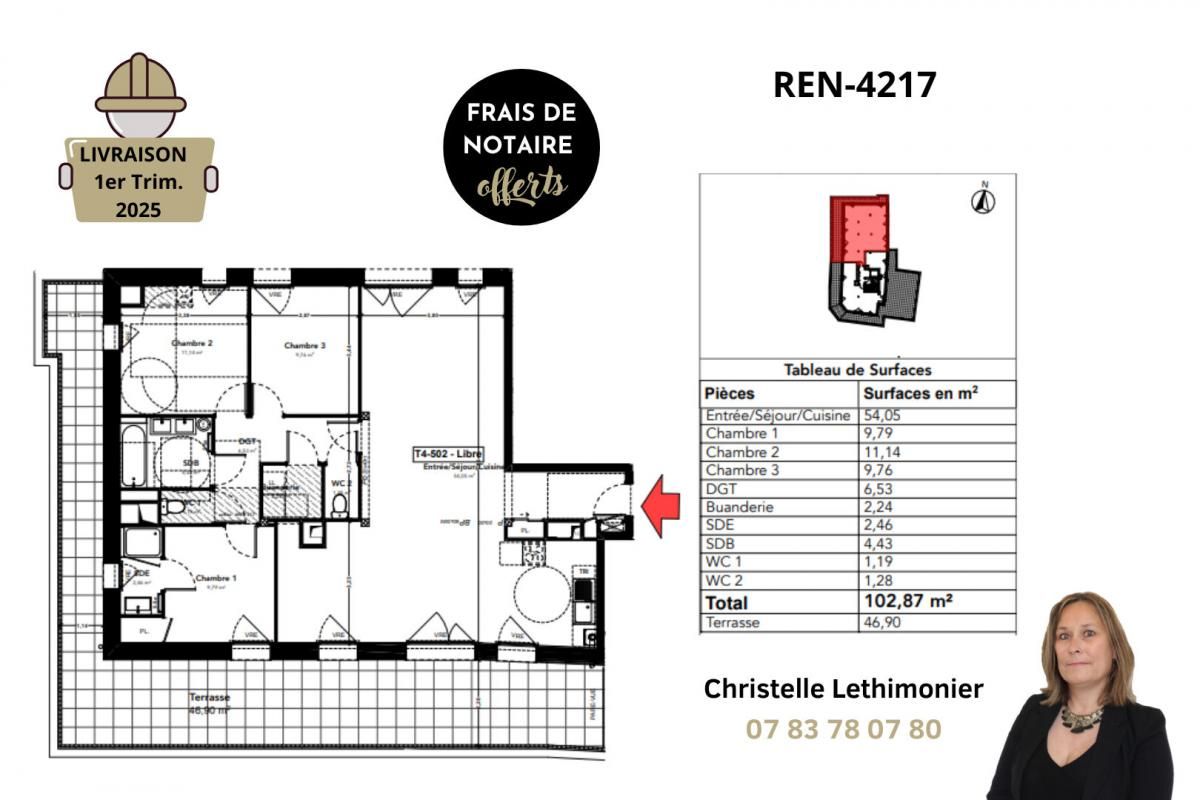 RENNES Appartement Rennes 4 pièces - 102,87m² + Terrasse de 46,90m² - Quartier Sainte Thérèse 2