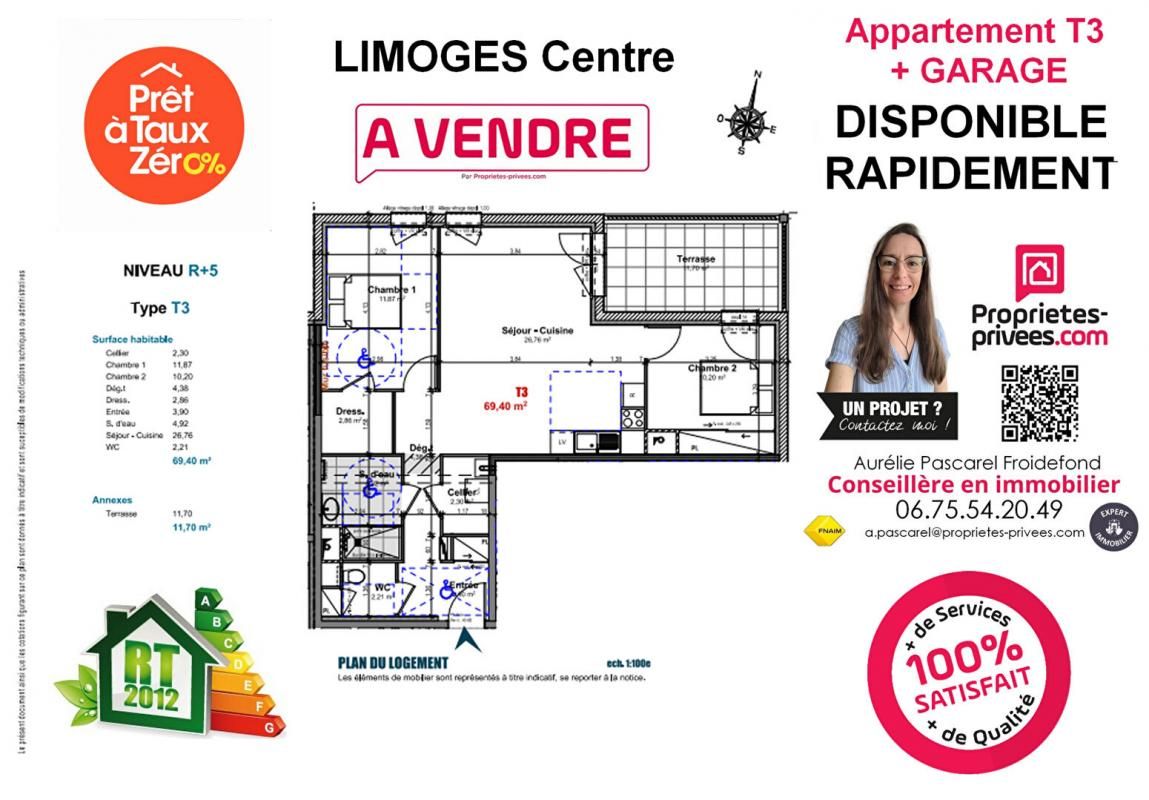 LIMOGES 294 500 Euros / LIMOGES CENTRE / Grand APPARTEMENT T3 de 69m² avec TERRASSE de 12m² et GARAGE de 25m² - Un cadre de vie idéal ! 2