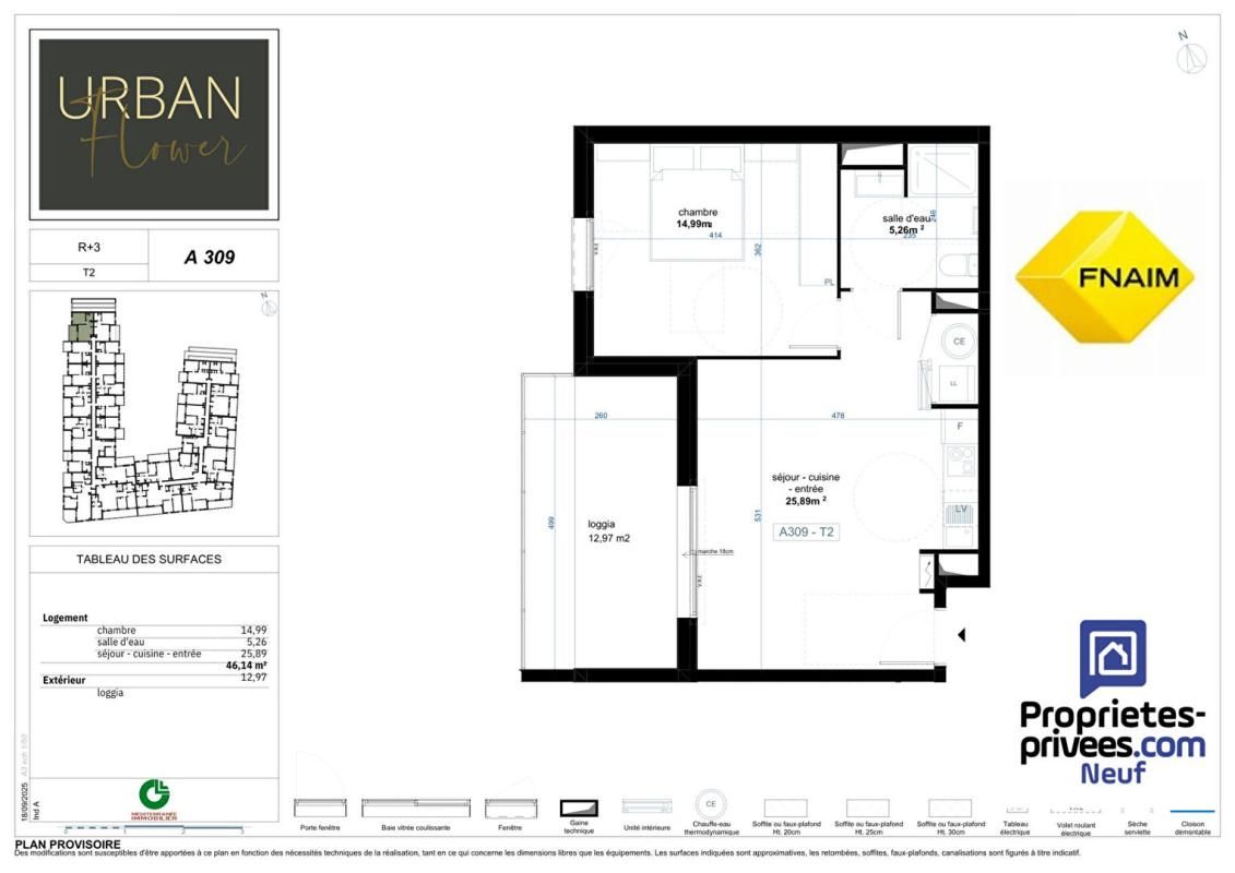 Appartement 2 pièce(s) de 46,14 m2 + sa loggia de 13 m2
